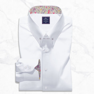 Luxury white pinned collar shirt with floral print collar stand and silver collar bar - Panache Bespoke
