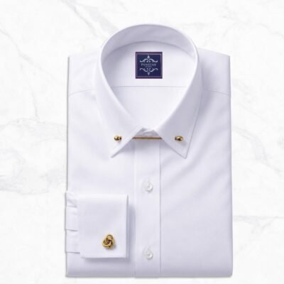 Pin Collar Dress Shirt by Panache Bespoke made from white Royal Oxford 100% Giza Egyptian cotton with collar bar included, French square cuffs, tab placket, no pocket, smooth back, and custom fit options for business and formal wear.