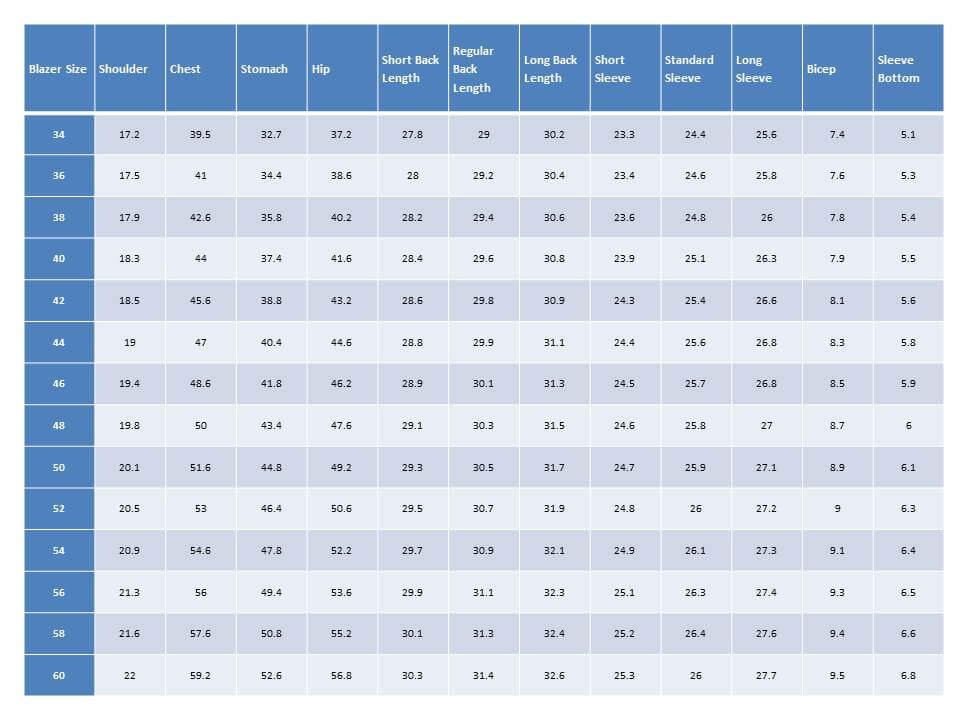 extra slim fit suit finish size chart