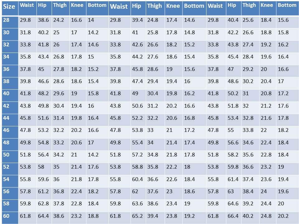 Panache Bespoke Pant Size Chart