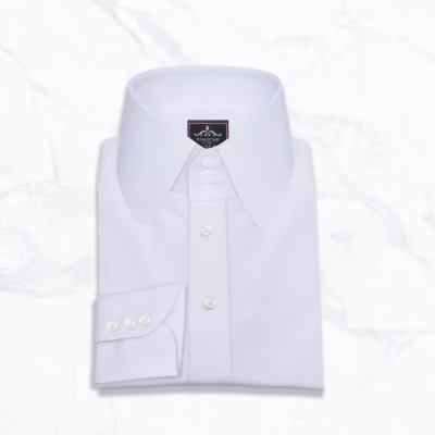 White bespoke high collar shirt by Panache Bespoke featuring a unique 3-button round long collar design and premium 3-button cuffs.