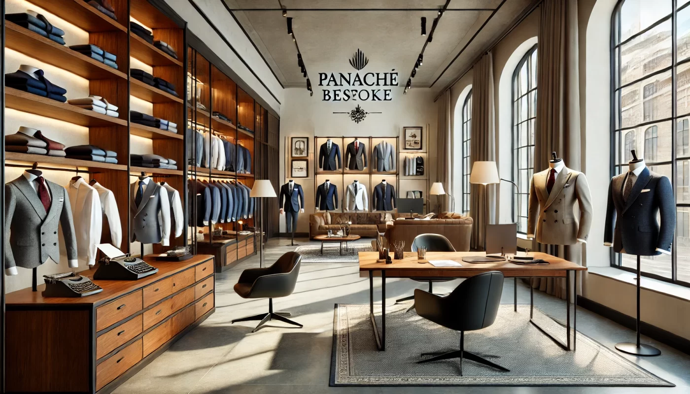 DALL·E 2024 10 31 06.24.39 A modern elegant office space branded for Panache Bespoke. The office features a stylish well organized layout with a sophisticated design. Light fl