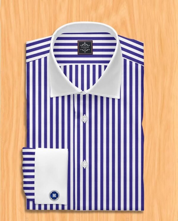 Blue striped shirt with white collar
