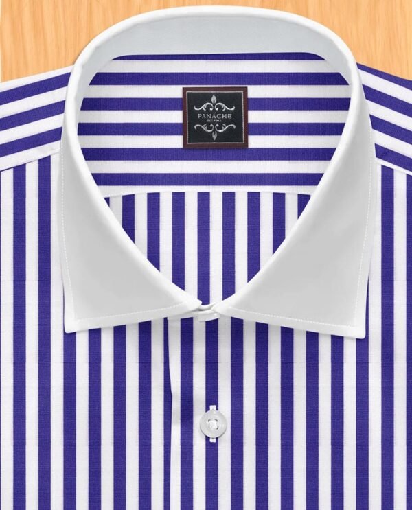 Blue striped shirt with white collar
