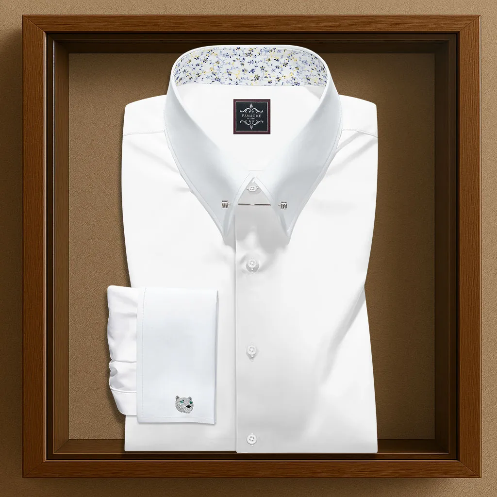Front view of white pin collar men's dress shirt in 100% Giza cotton, French cuff style