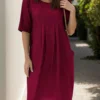 Cotton-linen pleated pocket dress for women - detail 17
