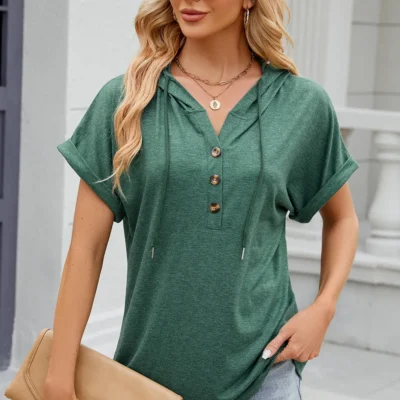 hooded button loose T-shirt