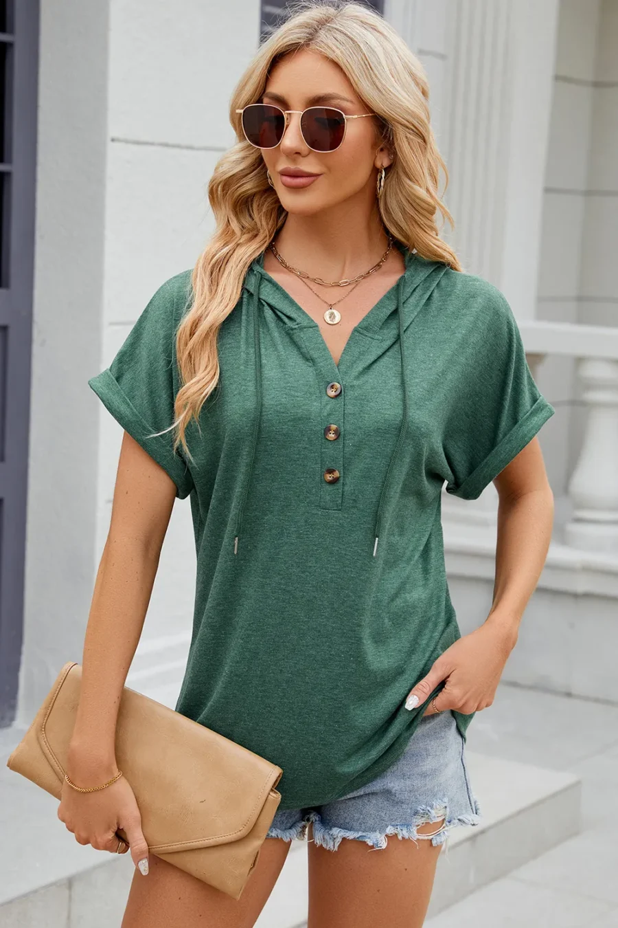 hooded button loose T-shirt