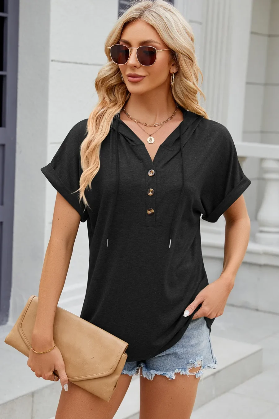 hooded button loose T-shirt - Image 13