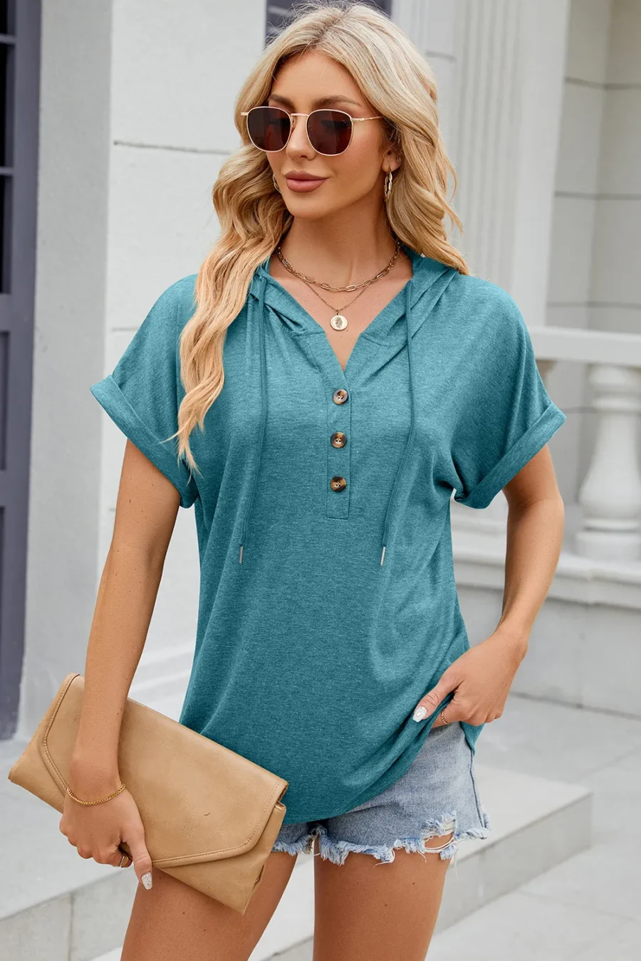 hooded button loose T-shirt - Image 25