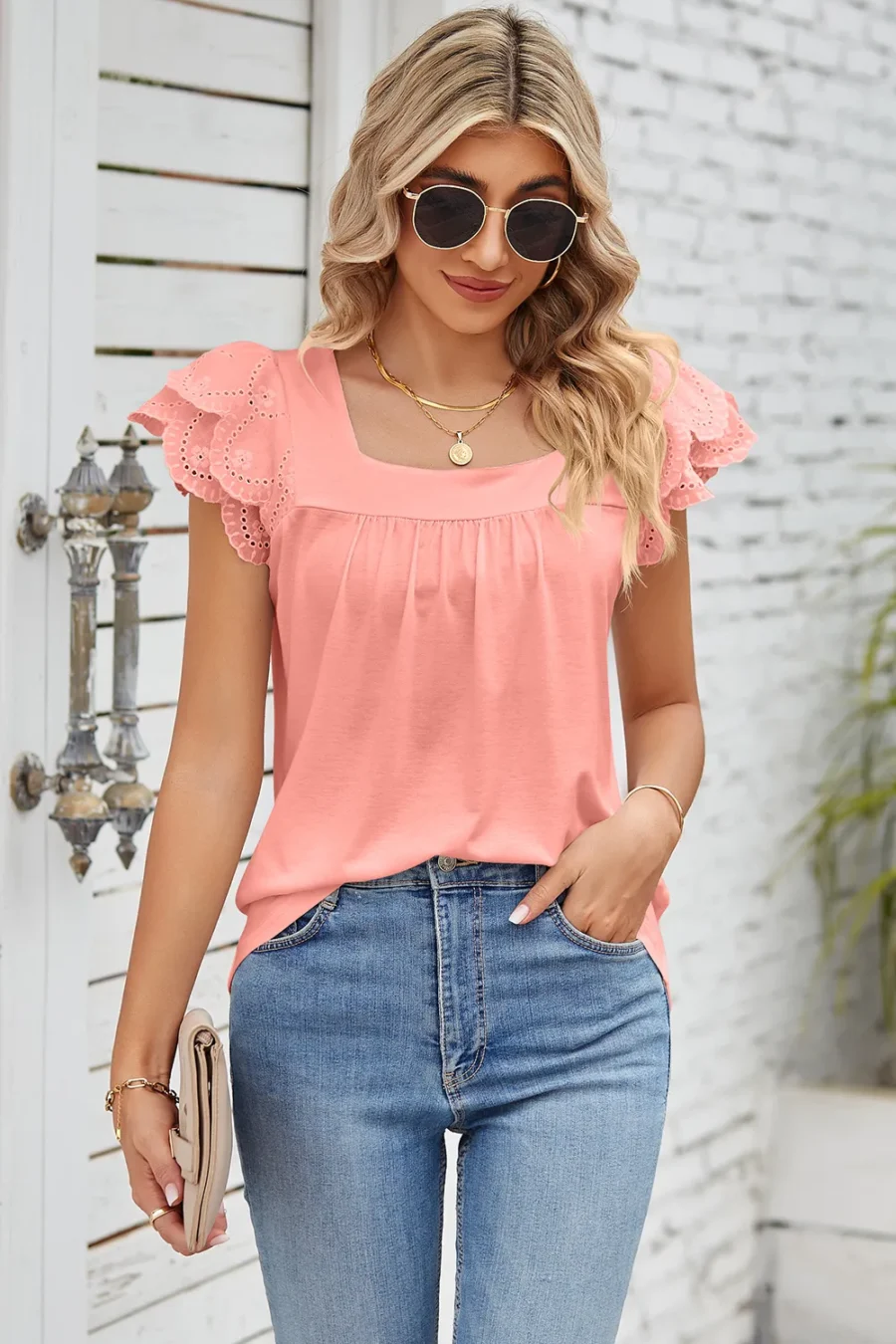 Square collar petal T-shirt top - Image 15