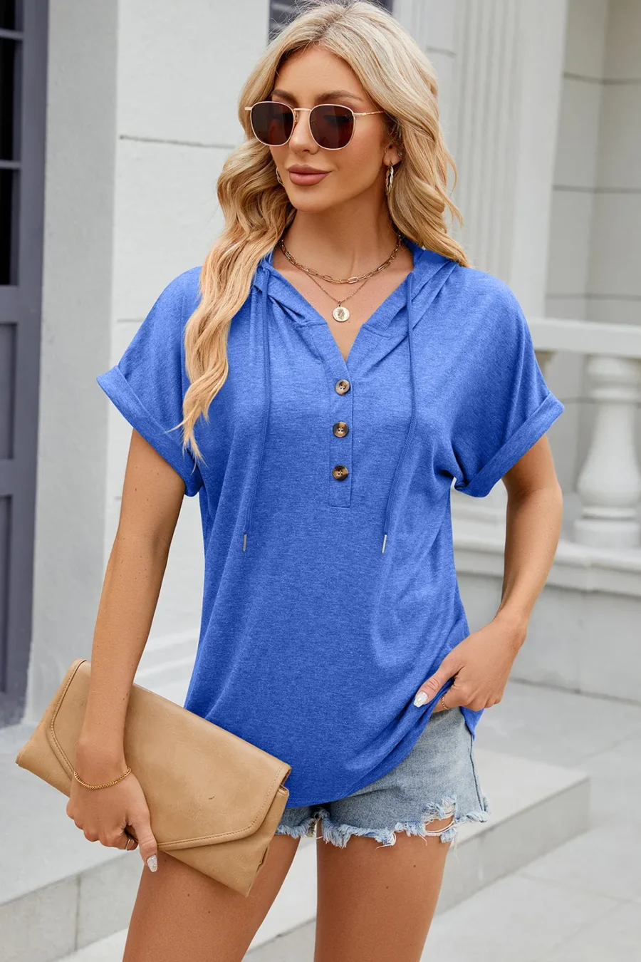 hooded button loose T-shirt - Image 9