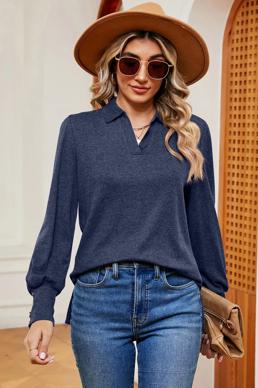 Collar loose brushed T-shirt