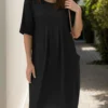 Cotton-linen pleated pocket dress for women - detail 14