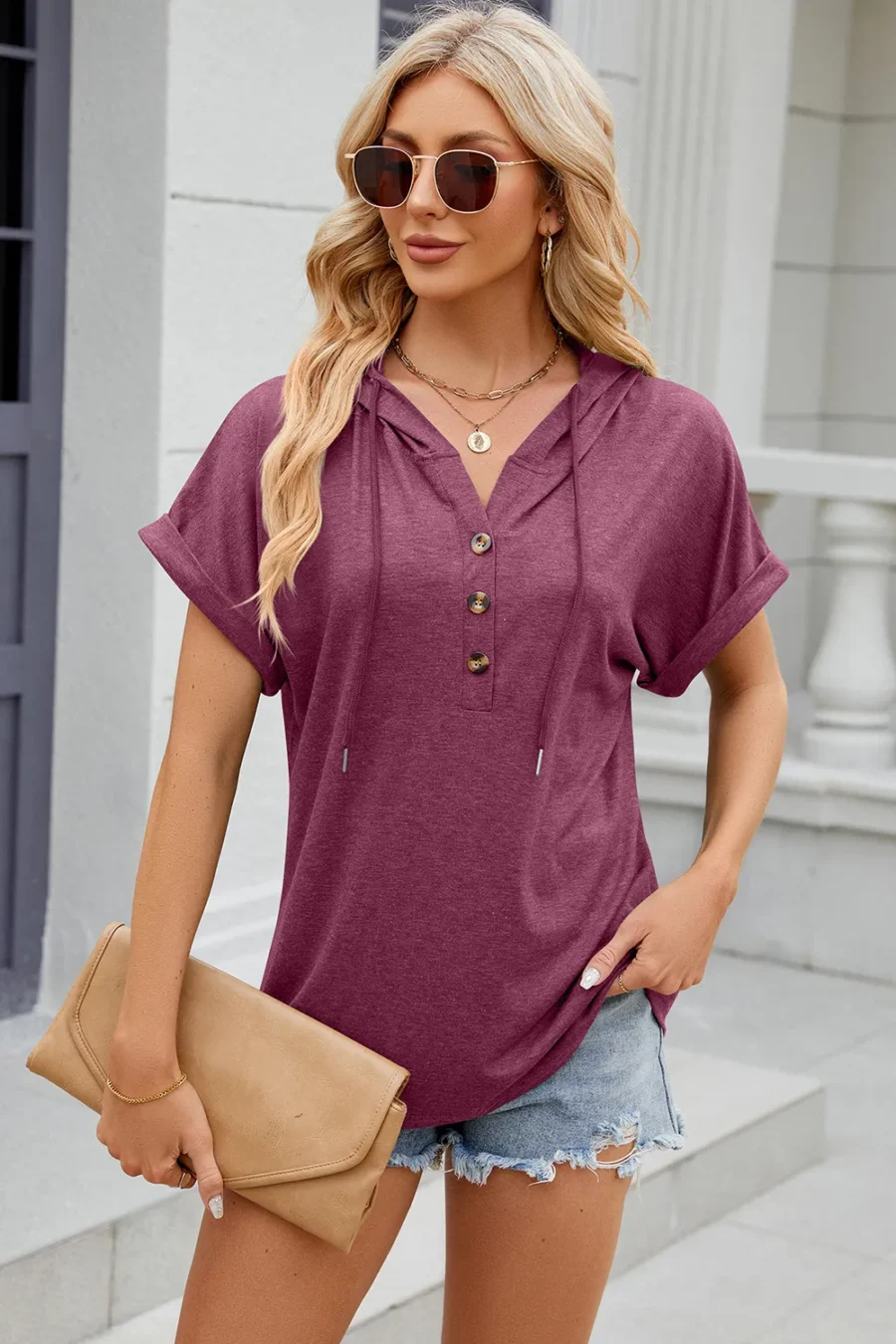 hooded button loose T-shirt - Image 22