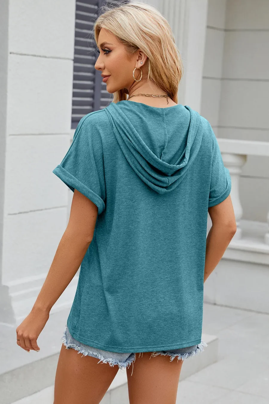 hooded button loose T-shirt - Image 28
