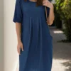 Cotton-linen pleated pocket dress for women - detail 10