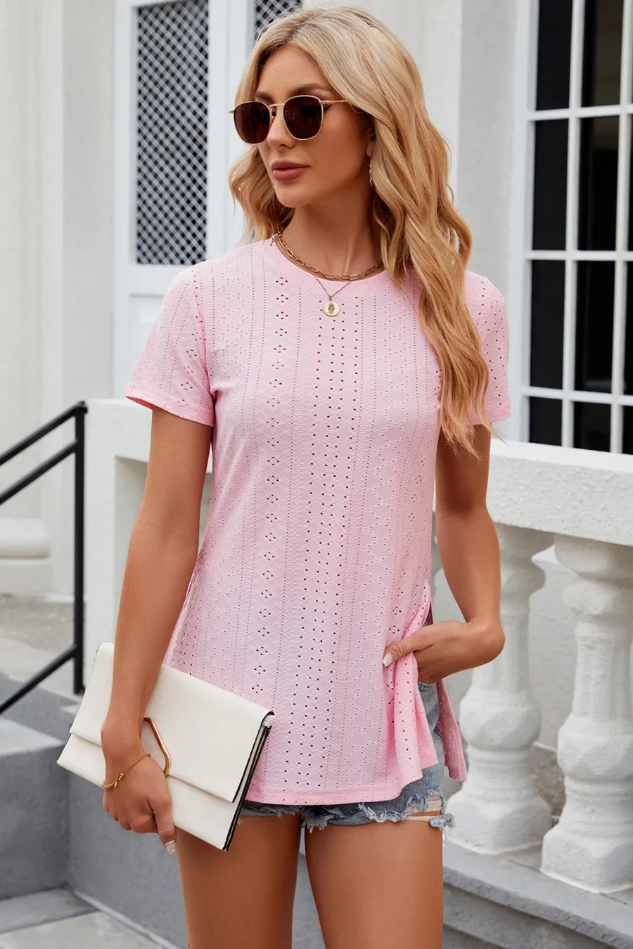 Round neck loose slit T-shirt - Image 11