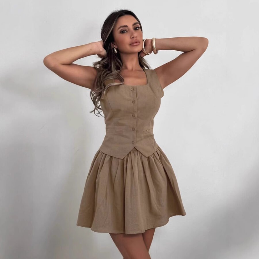 Cotton and linen vest short skirt set - Image 2