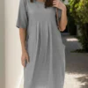 Cotton-linen pleated pocket dress for women - detail 6