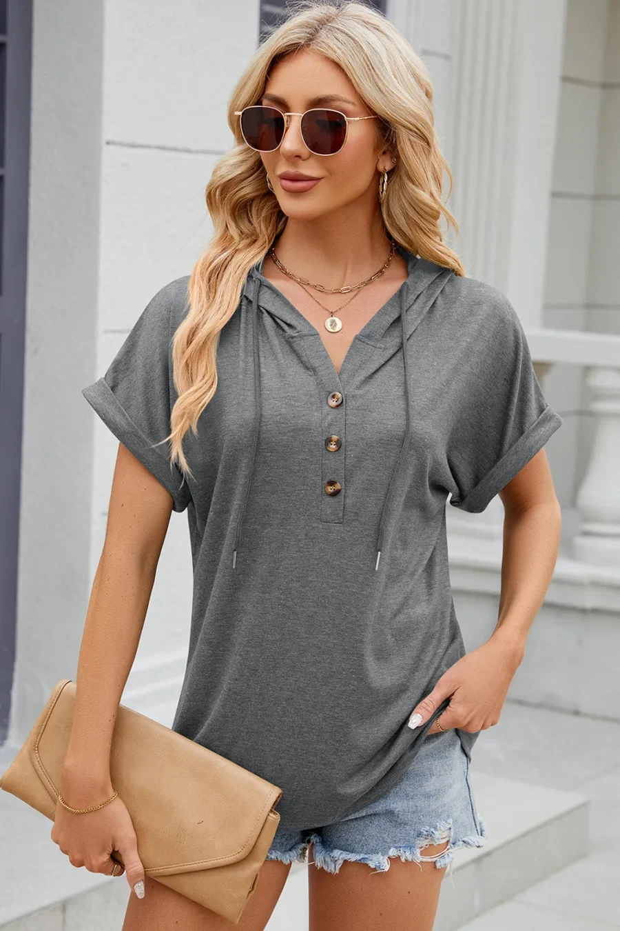hooded button loose T-shirt - Image 29