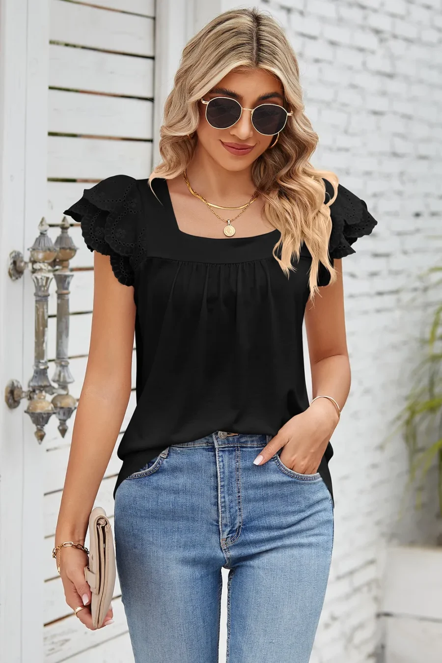 Square collar petal T-shirt top - Image 18