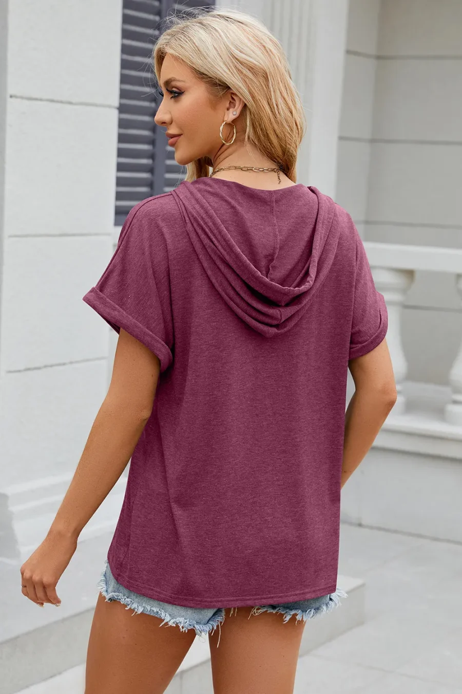 hooded button loose T-shirt - Image 24