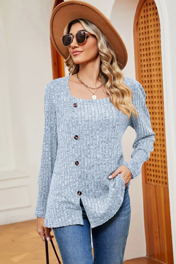 Square collar brushed button loose T-shirt - Image 14
