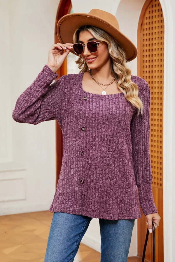 Square collar brushed button loose T-shirt - Image 17