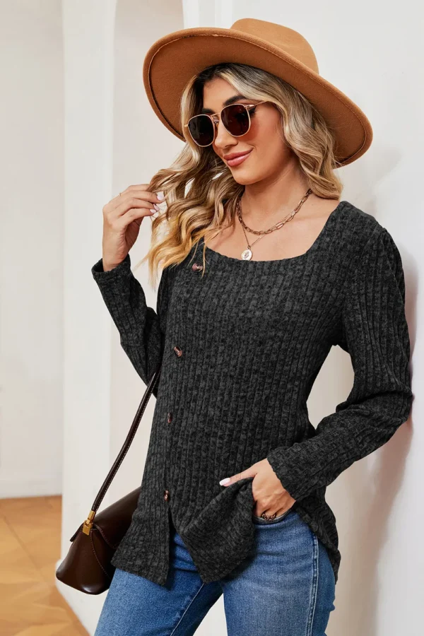 Square collar brushed button loose T-shirt - Image 8