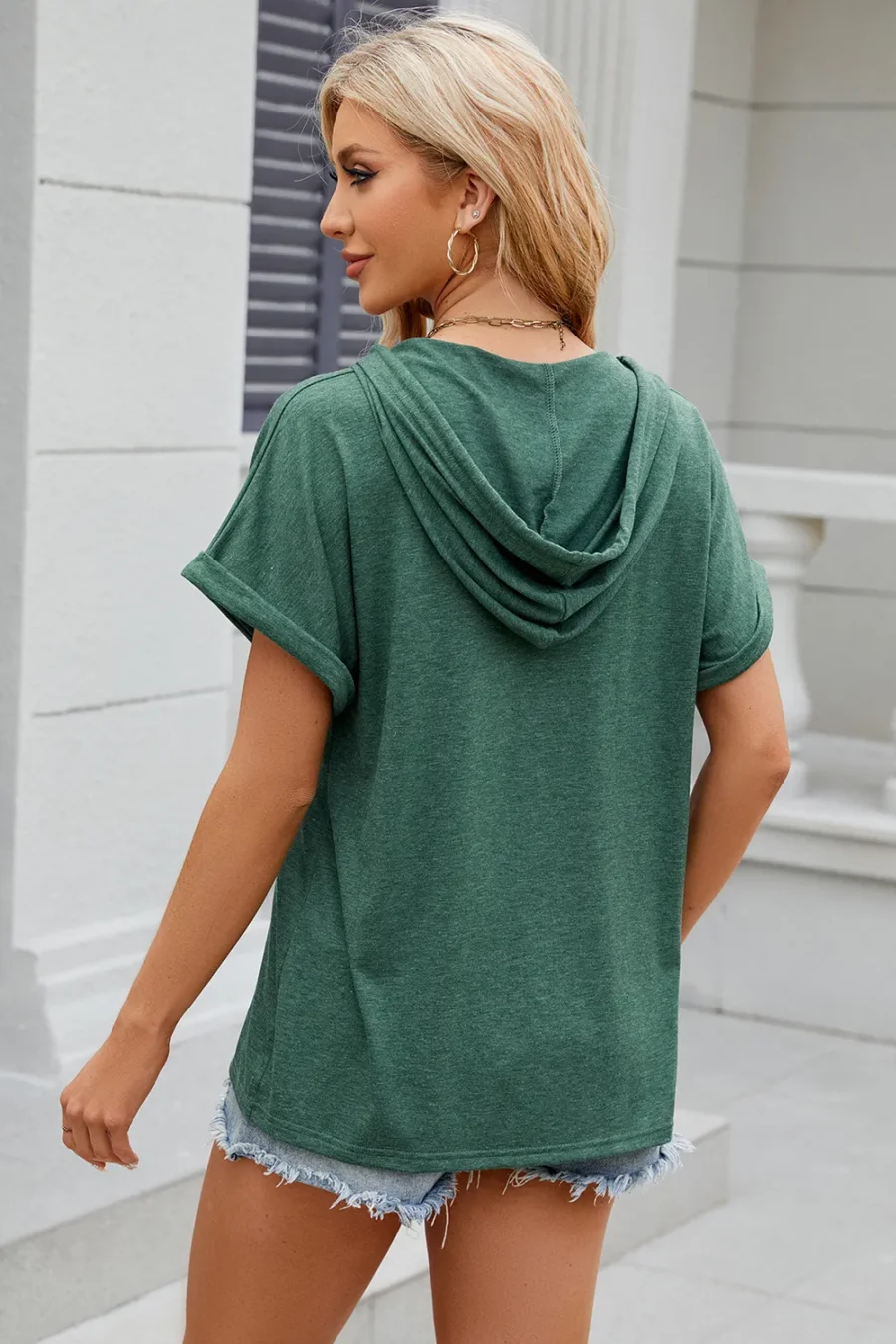 hooded button loose T-shirt - Image 2