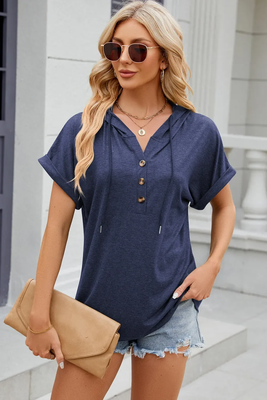 hooded button loose T-shirt - Image 18