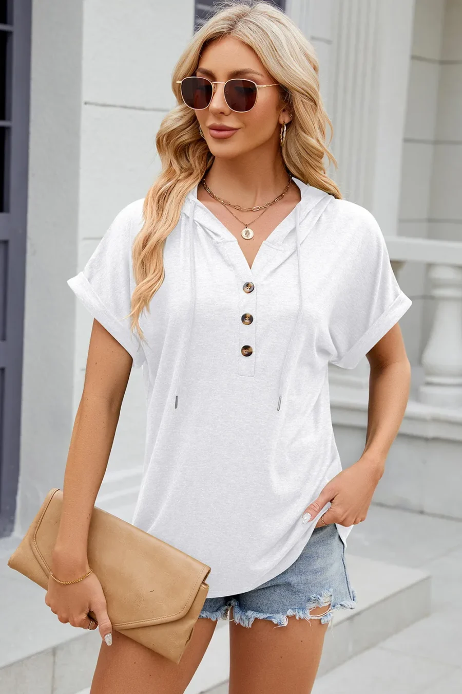 hooded button loose T-shirt - Image 5