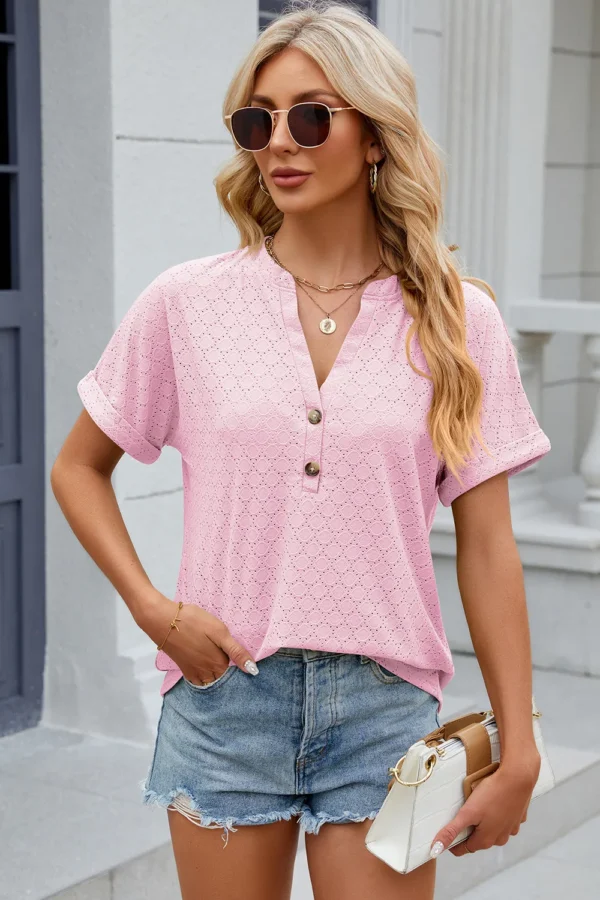 V-neck button T-shirt top - Image 29
