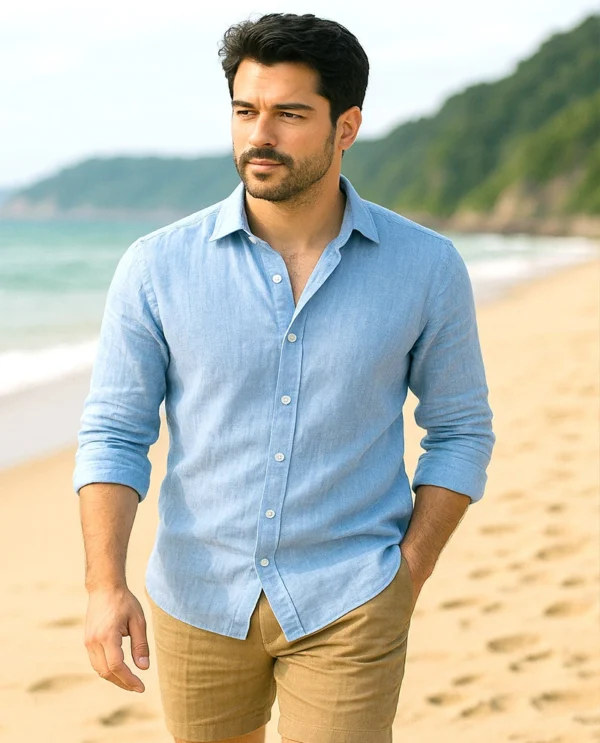 Mens Blue Linen Shirt