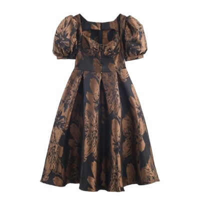 Chic Vintage Style High-Waisted Woven Jacquard Flared Long Dress for Women