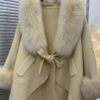 Fox fur collar cashmere cloak coat in Beige - Panache Bespoke
