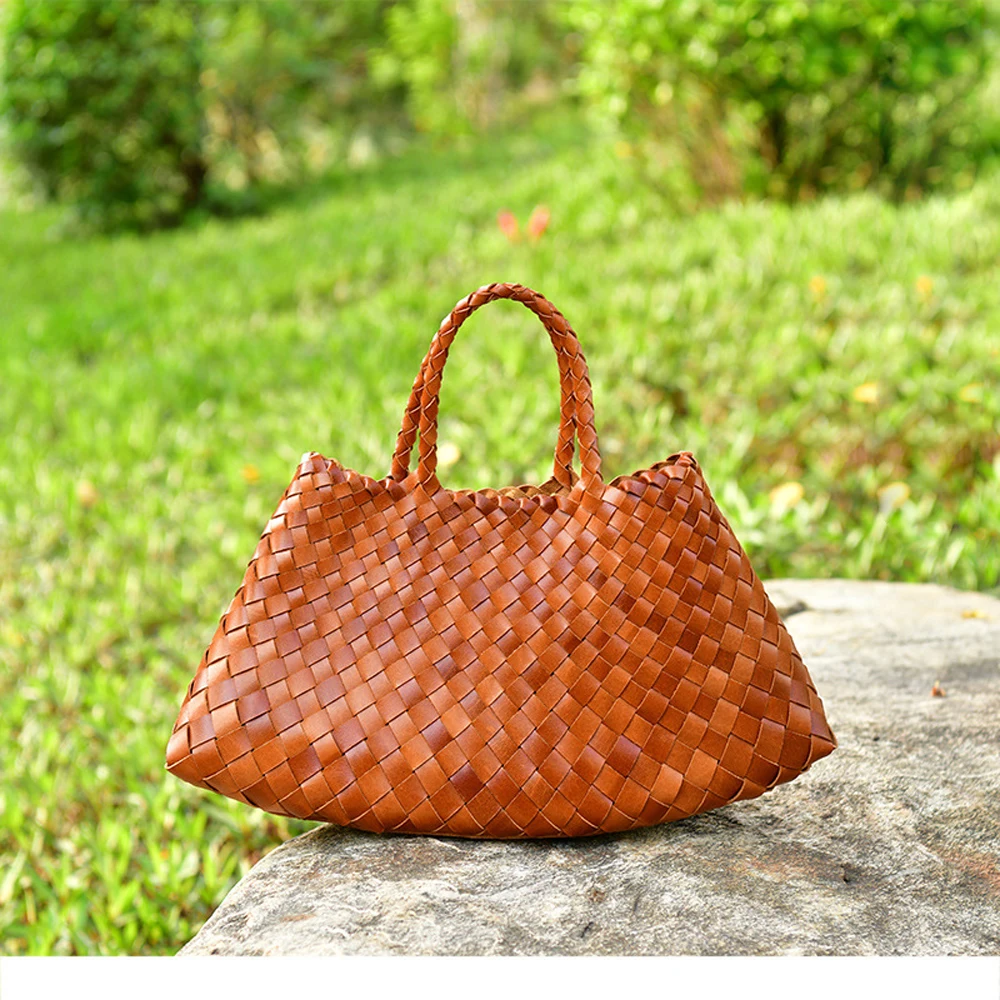 New Genune Leather Weave Hand Bags Tote Top Quality Women Basket Shopping Bags Handle Beach Hobos Handbag - Image 4