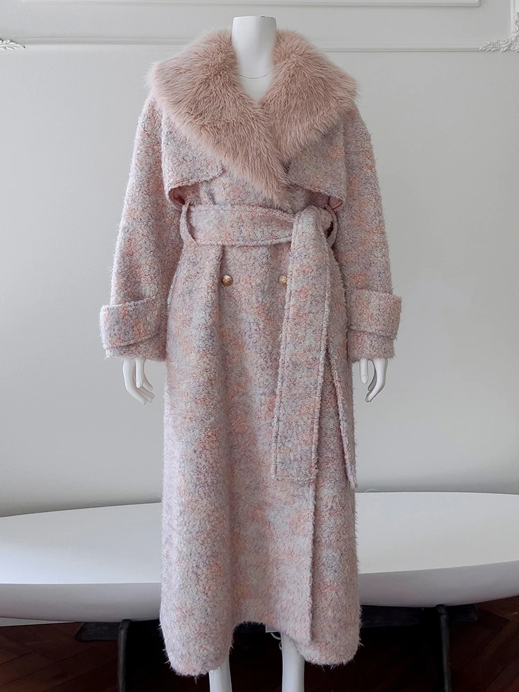 High Quality Slim Overcoat For Women Detachable Fur Collar Long Sleeve Belt Waist Thicken Elegant Coat - Image 3