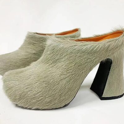 Round headed candy colored genuine leather horse hair with raised height inside casual lazy half slippers for women
