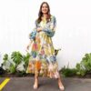 Blue floral turn-down collar lantern-sleeve midi dress for women - front view