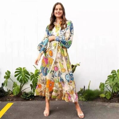 Summer Dress Women Turn-Down Collar Turn-Down Collar Single Breasted Lantern Sleeve Flower Printed Midi Blouse Dresses