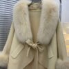 Fox fur collar cashmere cloak coat in Light Yellow - Panache Bespoke