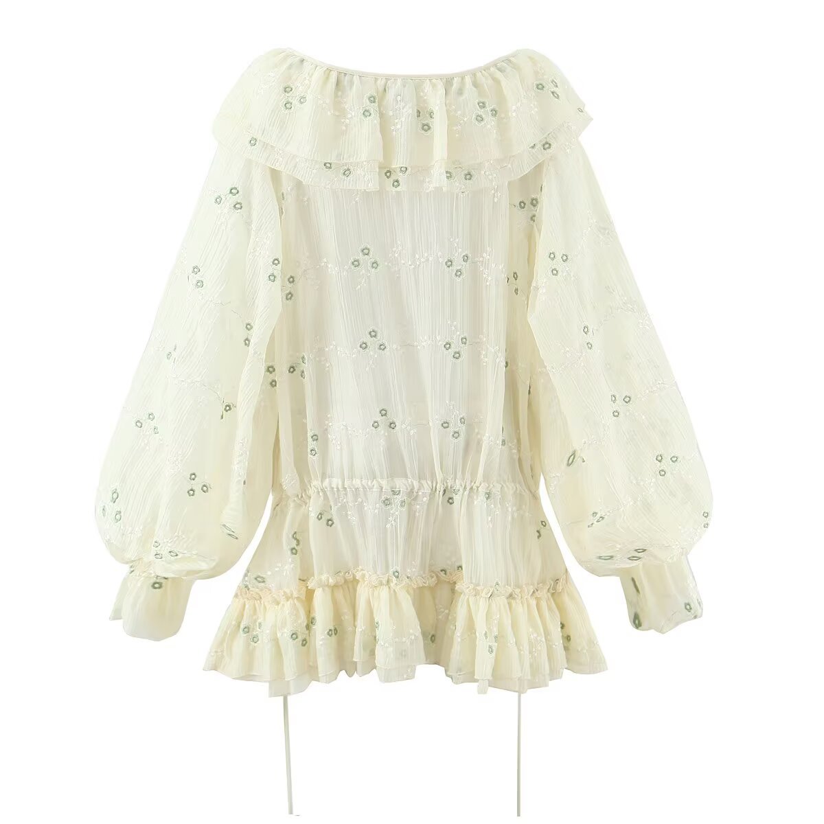 Style Women's New Floral Embroidered Long Sleeve V-Neck Ruffle Waist Cinched Puff Dress - Image 2