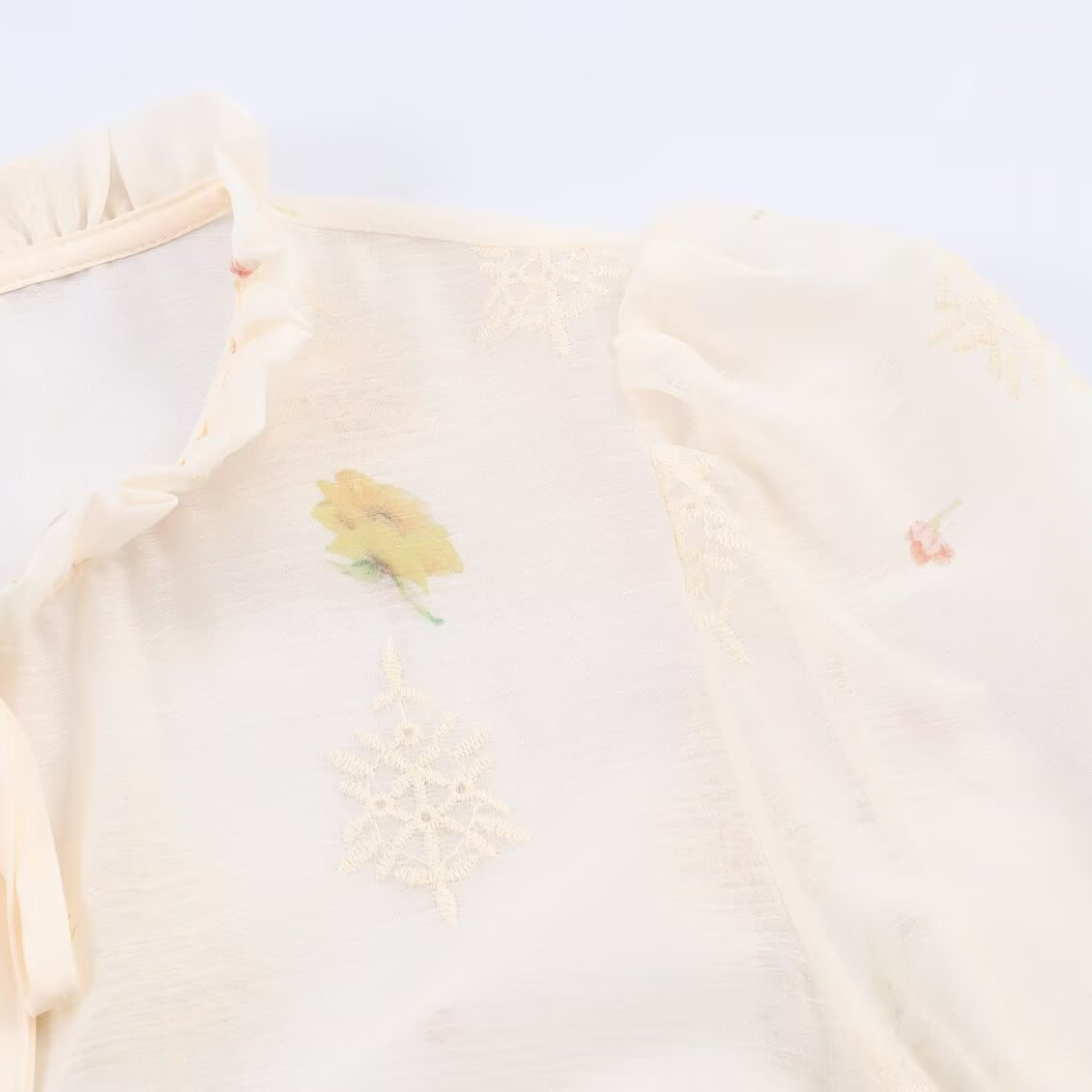 Lantern sleeve lace up embroidered long sleeved shirt - Image 3