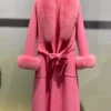 Women's handmade wool coat with real fox fur collar in Blue, Rose Red, Pink, and White - detail view 5