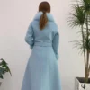 Women's handmade wool coat with real fox fur collar in Blue, Rose Red, Pink, and White - detail view 3