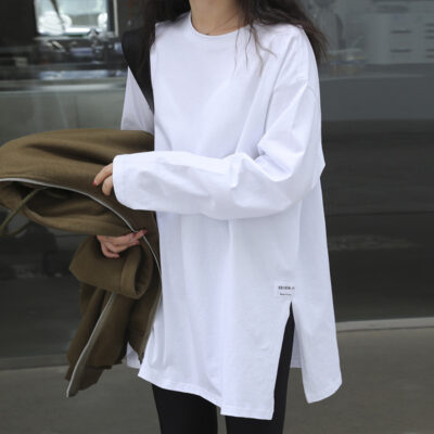 Solid Color Side Slit Long Sleeve T-Shirt for Women, Loose Fit Casual Top