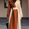 Patchwork Contrast Color Lace-up Wool Coats For Women Vintage Double-side Elegant Overcoat Autumn