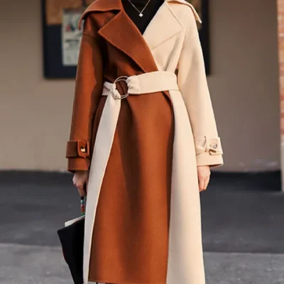 Patchwork Contrast Color Lace-up Wool Coats For Women Vintage Double-side Elegant Overcoat Autumn